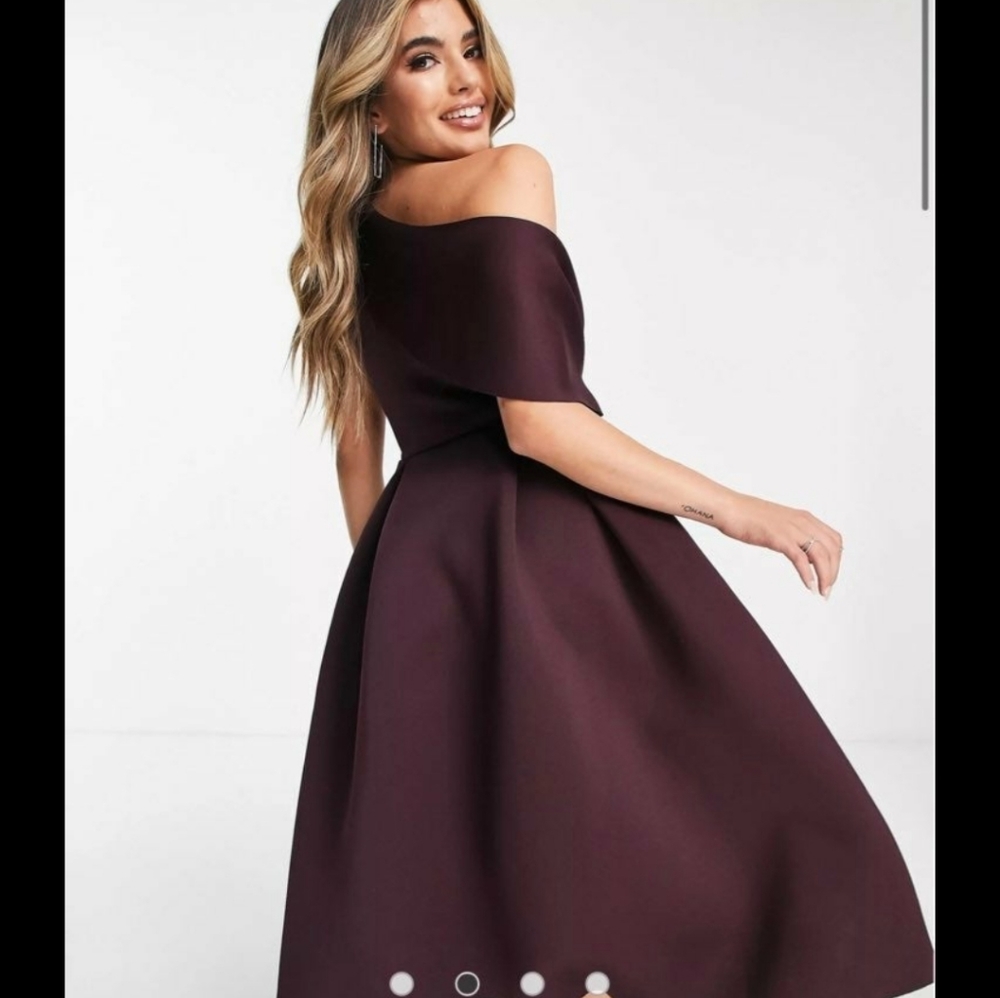 ASOS DESIGN bare shoulder prom midi dress in aubergine